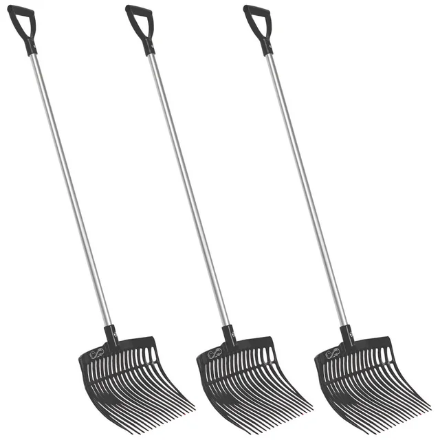 Three Forever Fork™ manure forks with black plastic tines and D-shaped handles stand upright against a white background.