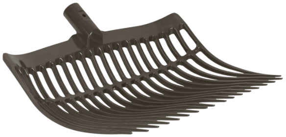 The Forever Fork™ is a plastic rake head with curved tines, resembling a stall fork, and includes a socket for handle attachment, shown on a white background.