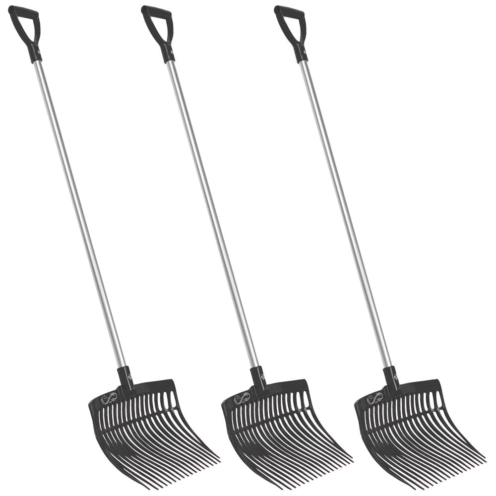 The Professional Pack of 3 Forever Forks by Forever Fork features identical long-handled black and silver forks with wide, slotted plastic heads—ideal for barn chores.