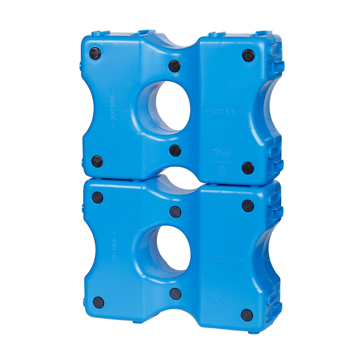 Two stacked rectangular blue NEW! Cavaletti Blocks by Forever Fork, each with a large central hole and black circular corner inserts—ideal for groundwork or setting up a riding track.