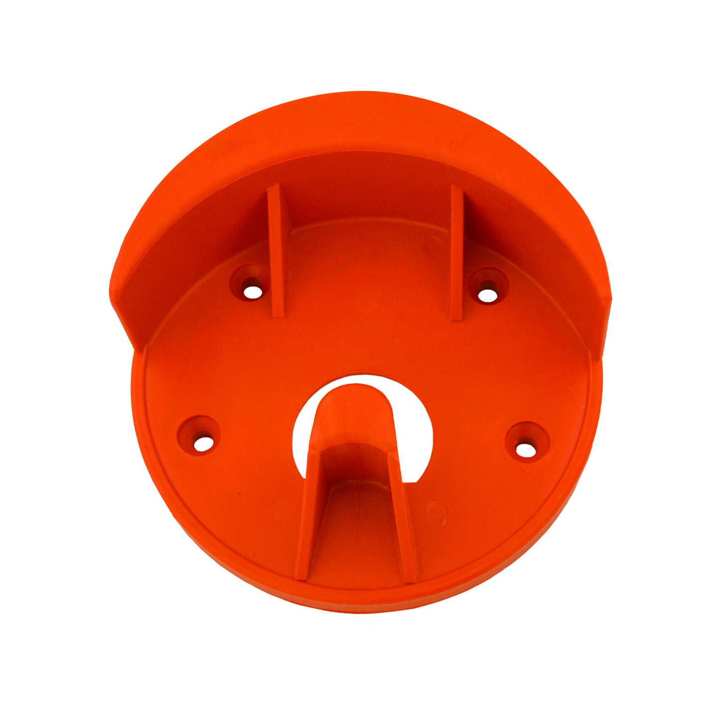 The Forever Fork Bridle hanger made in Sweden is an orange plastic wall mount bracket with four screw holes and raised edges, perfect for securely holding circular items or use as a bridle hook in homes or stables.
