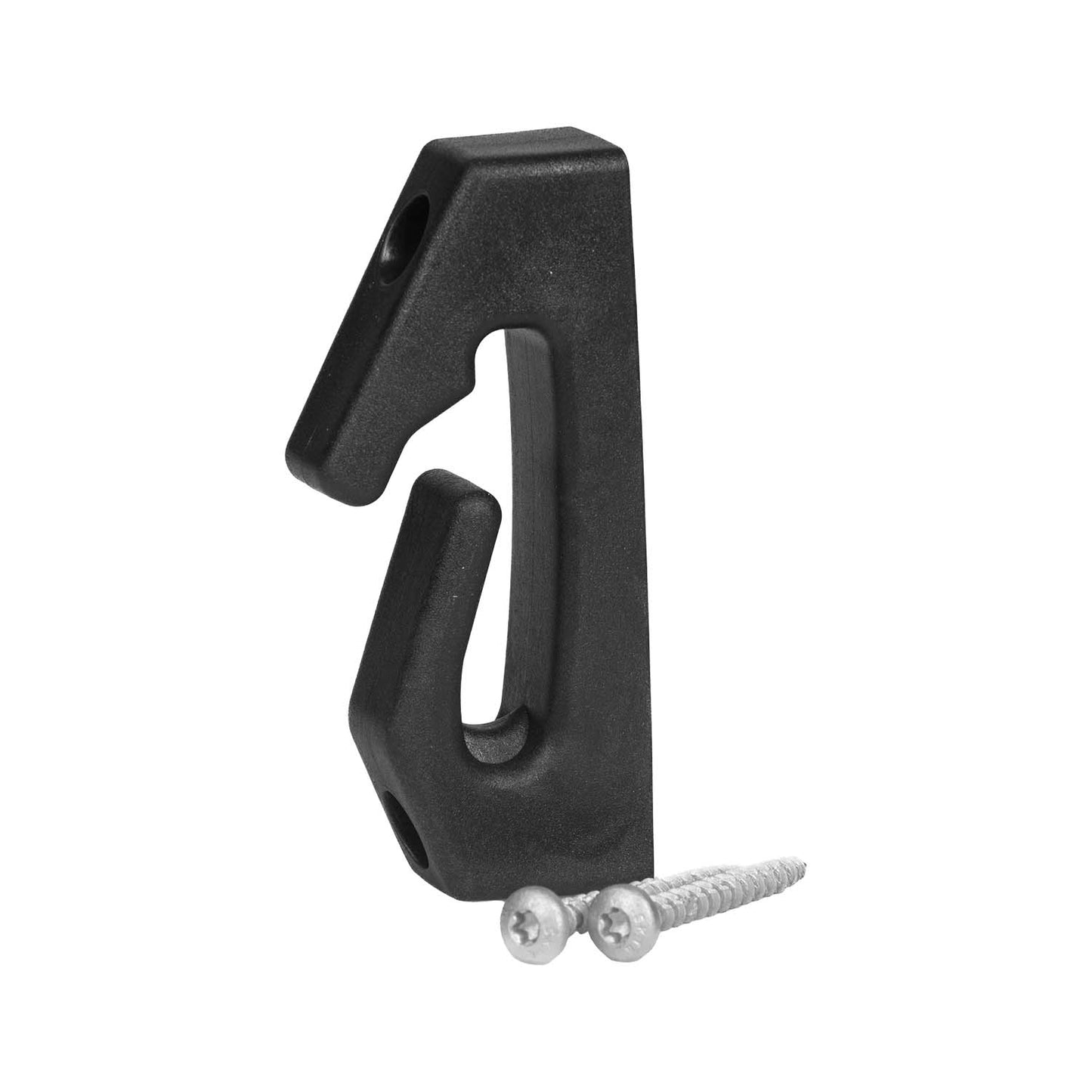 The Forever Fork Bucket Hook, Black is shown upright with two mounting holes and comes with two silver screws, all displayed on a white background.
