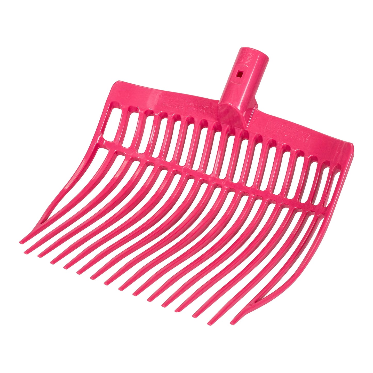 The Forever Fork Mini Tine Forever Fork is a pink plastic rake head with curved tines and a cylindrical socket for handle attachment, perfect for cleaning up after livestock or smaller ponies.