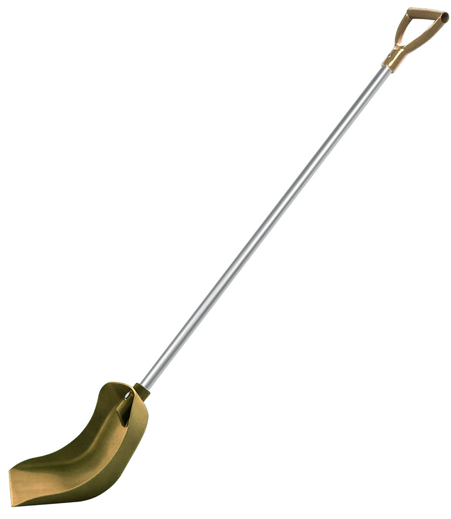 The Forever Fork Matching Shovel features a curved green plastic blade, long silver handle, and brown D-grip—ideal for clearing driveways with your Forever Fork or alongside matching Pink and Navy Shovels.