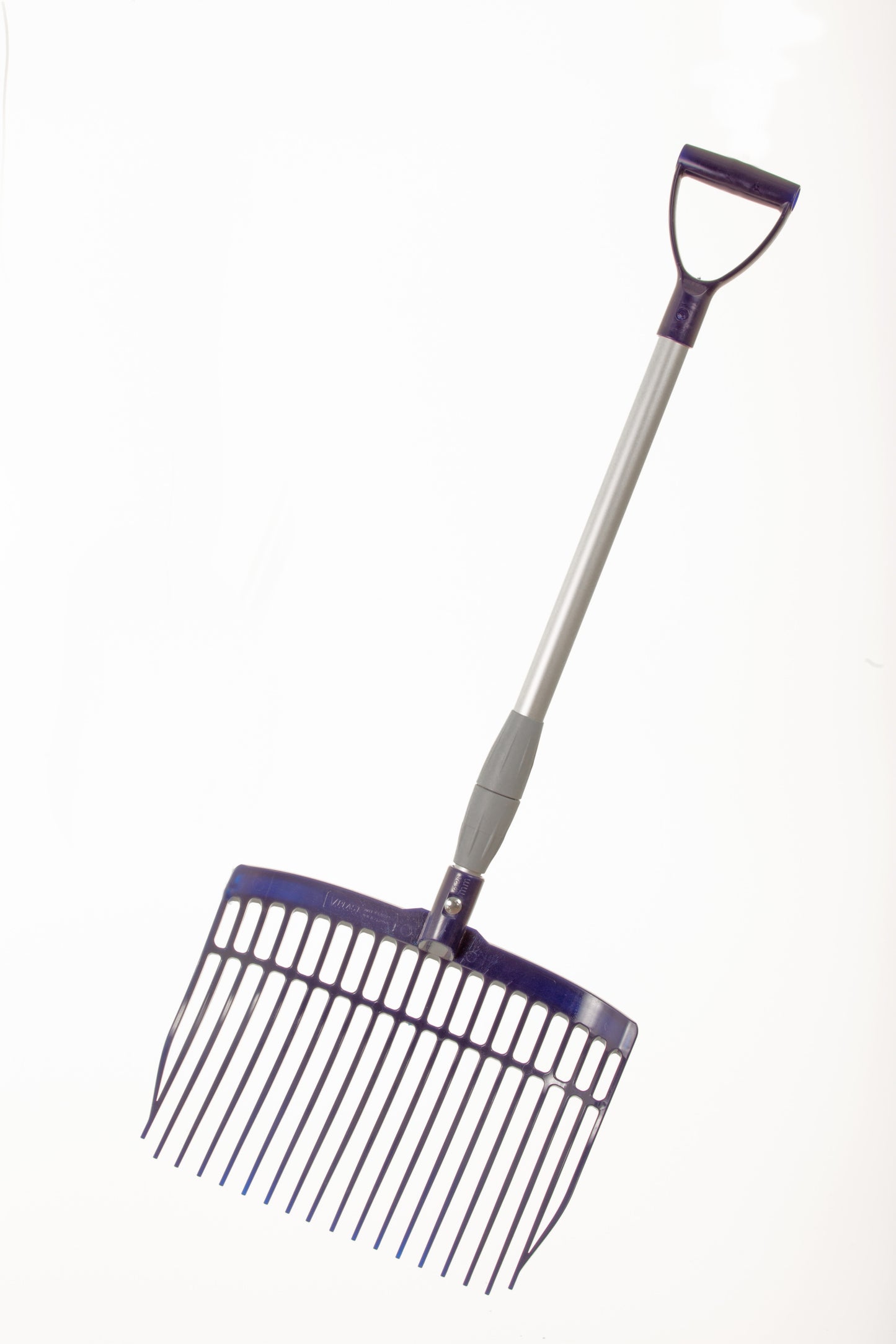 The Forever Fork with Telescoping Handle by Forever Fork, featuring a wide plastic head and multiple tines, is perfect for use with trailers or on trail rides—shown against a white background.