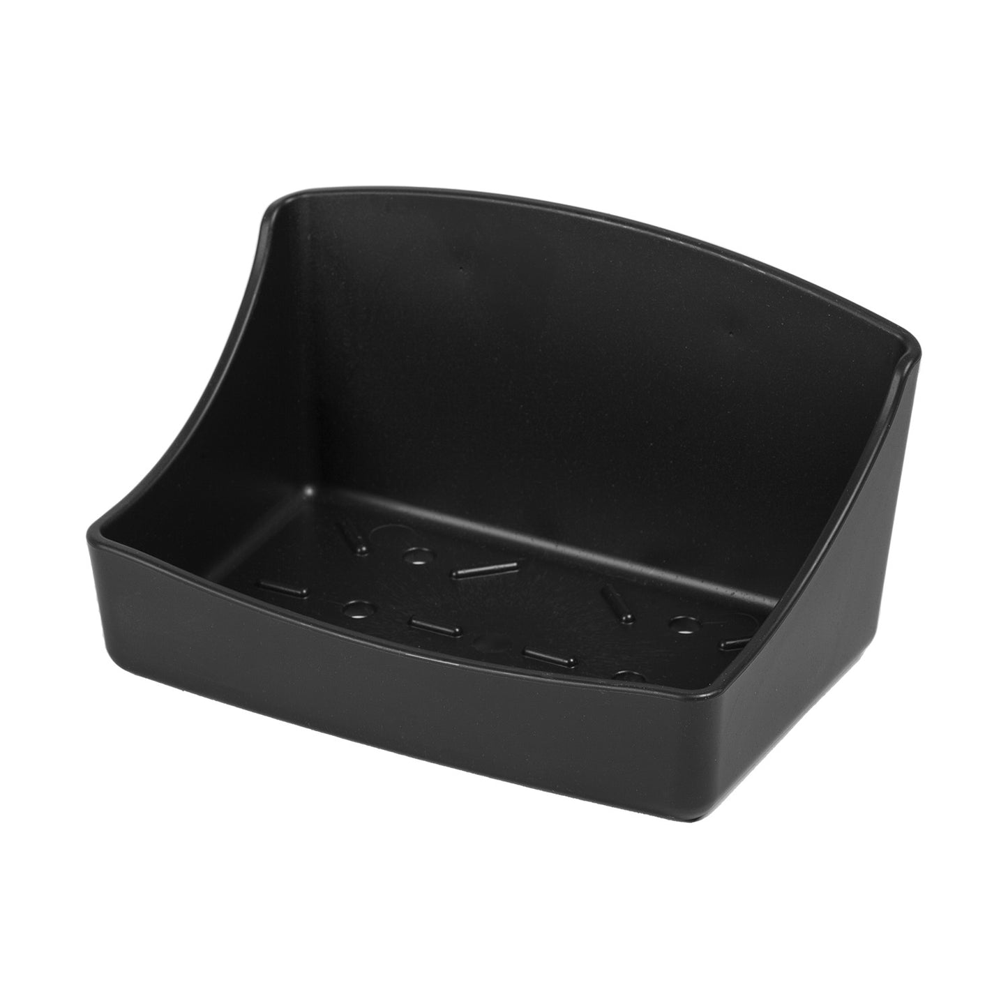 The Forever Fork Salt Block Holders are black plastic, wall-mounted, rectangular holders with a slightly raised back and drainage slots, ideal for compactly holding salt blocks in a horse stall.