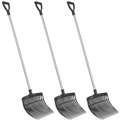 Three Forever Fork™ manure forks with black plastic tines and D-shaped handles stand upright against a white background.