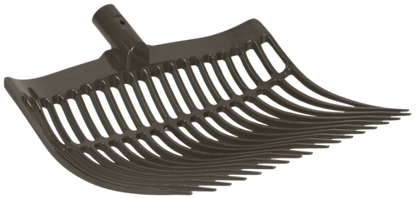 The Forever Fork™ is a plastic rake head with curved tines, resembling a stall fork, and includes a socket for handle attachment, shown on a white background.
