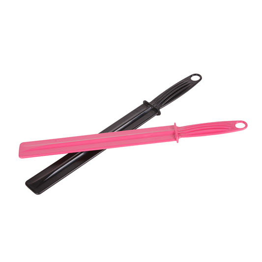 Two Feed Stirrers from Forever Fork, one pink and one black, with ribbed handles for hygienic grip and hanging holes, are placed side by side on a white background.