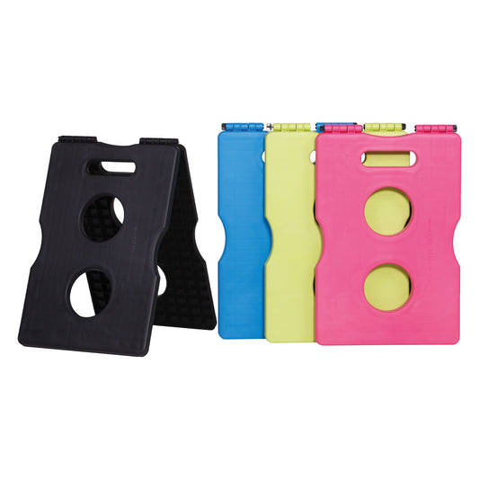 Forever Fork Jump Supports: Set of four folding step stools in black, blue, green, and pink with oval cut-out handles and circular holes—ideal for daily training or as jump supports for your horse.