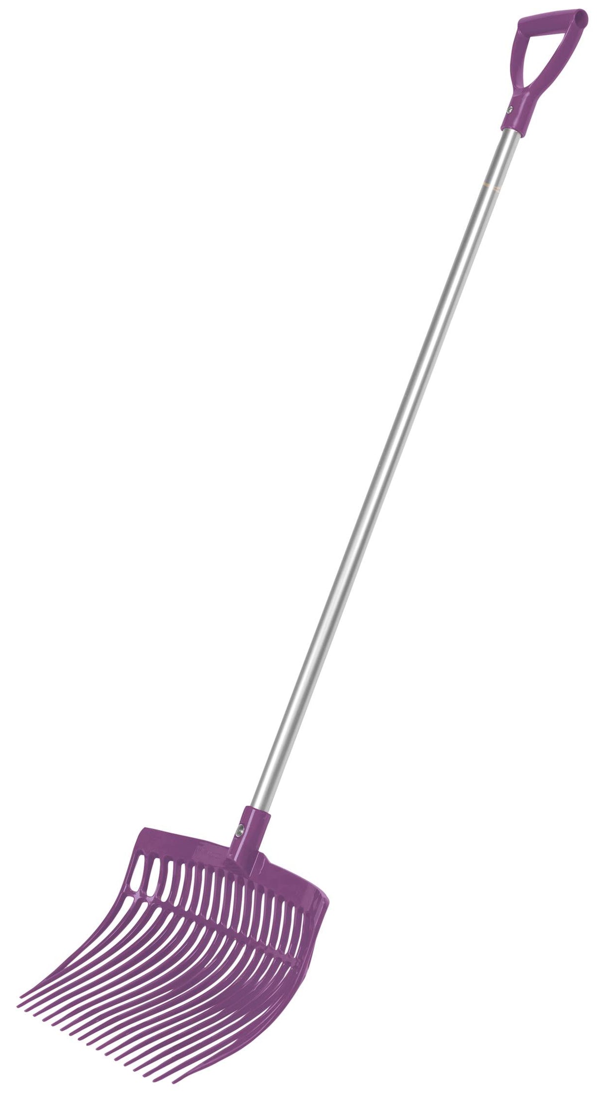 The Forever Fork Longer Shaft Forever Fork features a purple plastic rake head, a long silver aluminum shaft, and a convenient plastic D handle, expertly designed for scooping or picking up debris.