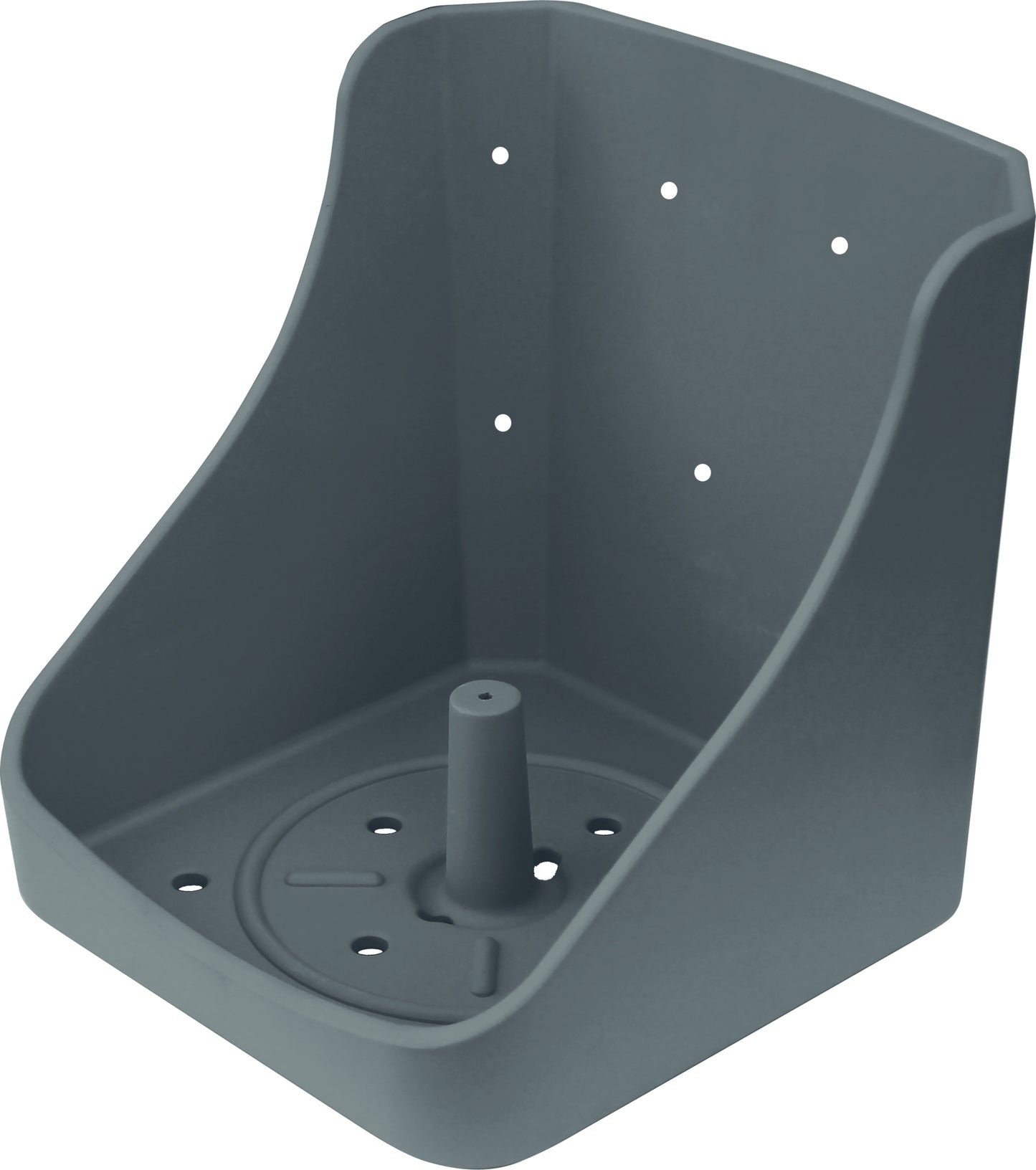 The Forever Fork Salt Block Holders, Wall Mounted, feature gray plastic with a circular peg and multiple small holes, perfect for organizing tools or as horse stall accessories for Himalayan salt blocks.