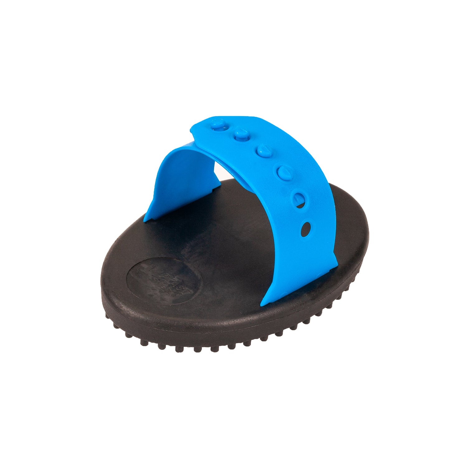 The Forever Fork Curries is a black oval grooming brush with an adjustable strap and short rubber bristles, inspired by Swedish curry design, for effective loose hair removal.