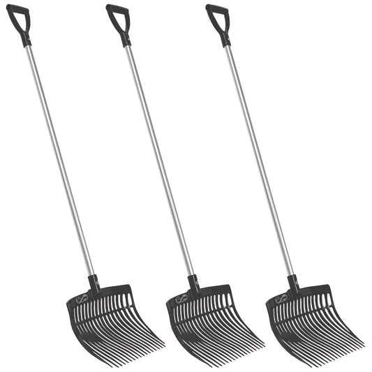 The Professional Pack of 3 Forever Forks by Forever Fork features identical long-handled black and silver forks with wide, slotted plastic heads—ideal for barn chores.