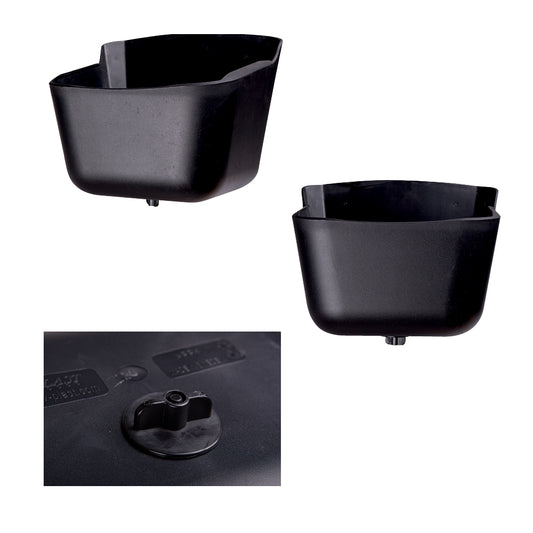 Two black FF-SF01 Swede-Feed plastic wall-mounted feeders by Forever Fork are displayed from various angles, with a close-up of the base spout. These easy-to-clean feeders ensure hassle-free maintenance.