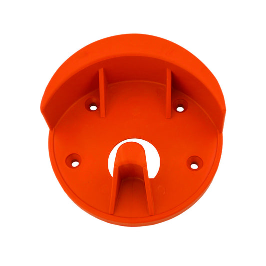 The Forever Fork Bridle hanger made in Sweden is an orange plastic wall mount bracket with four screw holes and raised edges, perfect for securely holding circular items or use as a bridle hook in homes or stables.
