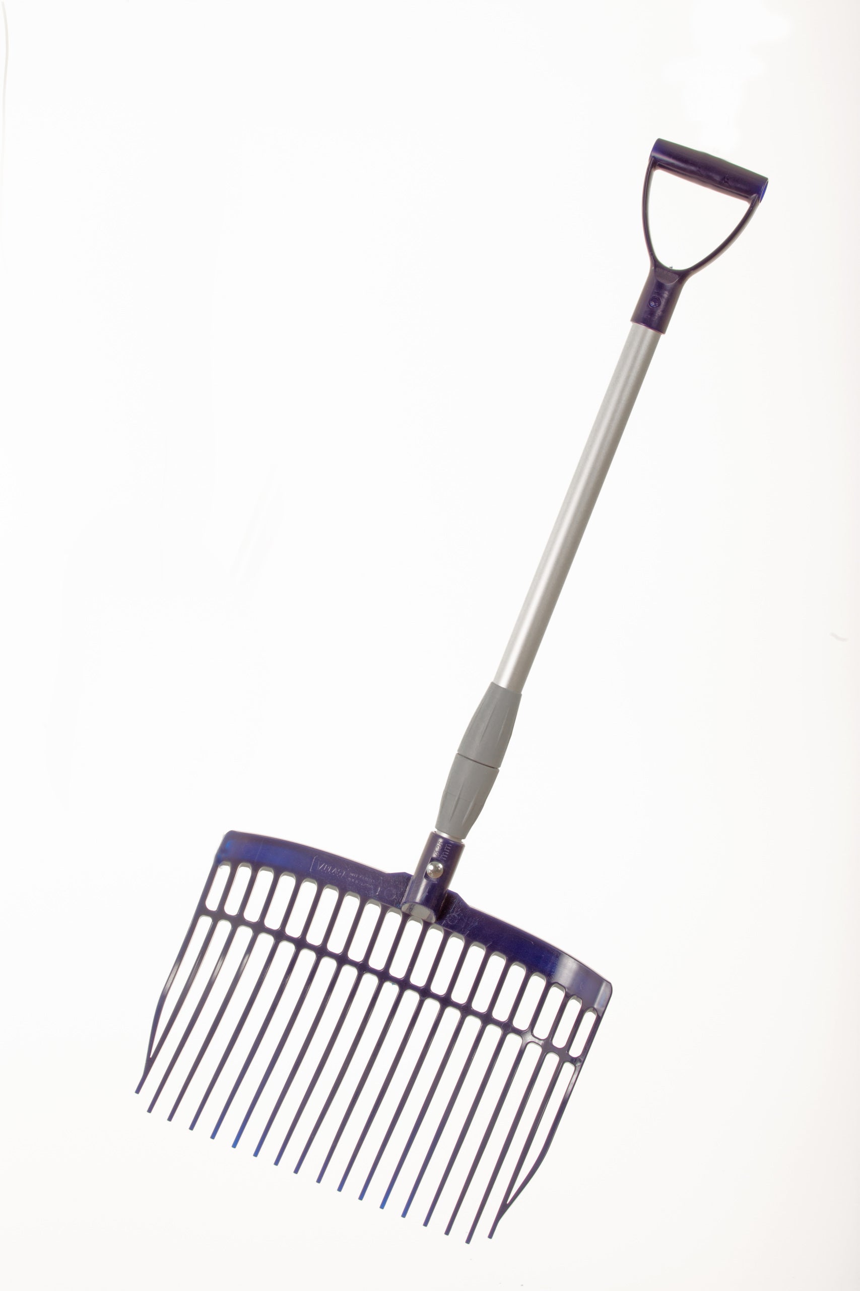 The Forever Fork with Telescoping Handle by Forever Fork, featuring a wide plastic head and multiple tines, is perfect for use with trailers or on trail rides—shown against a white background.