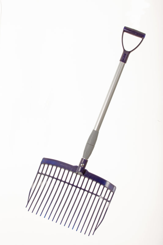 The Forever Fork with Telescoping Handle by Forever Fork, featuring a wide plastic head and multiple tines, is perfect for use with trailers or on trail rides—shown against a white background.